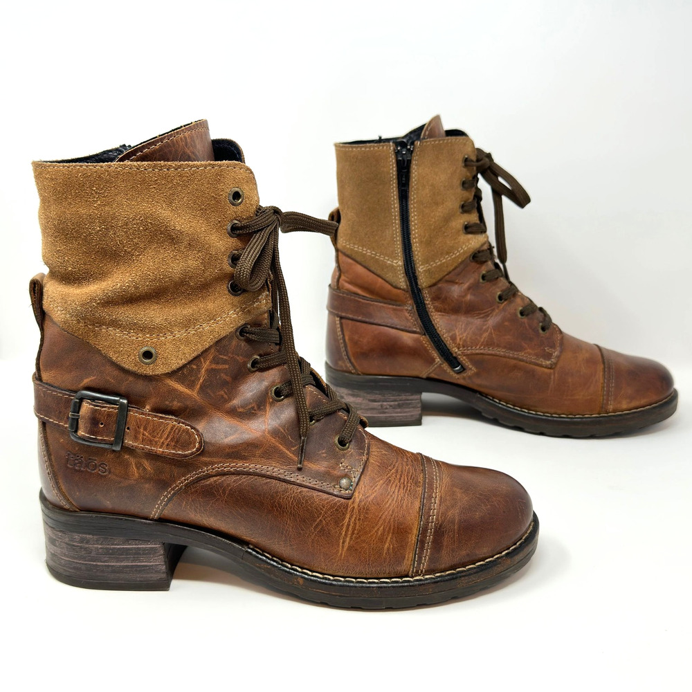 Taos Crave Combat Ankle Boots Womens 9-9.5 EU 40 Brown Leather Suede Side Zip - Picture 8 of 16